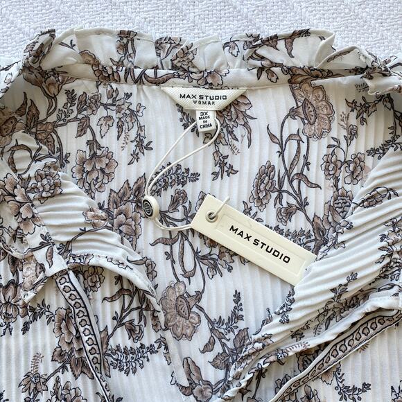 Max Studio Floral Pleated Peasant Blouse Boho Chic Balloon Sleeve Brown White 3X - Picture 8 of 10